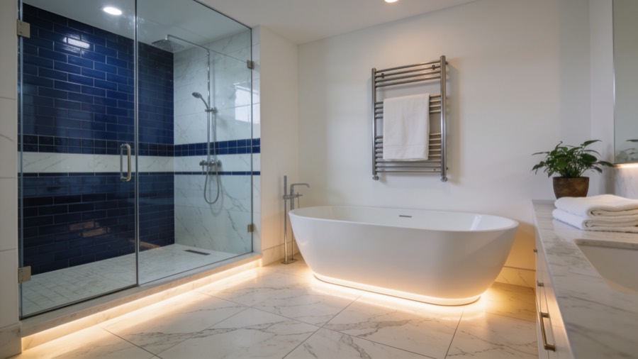 Modern bathroom with heated marble tile floor