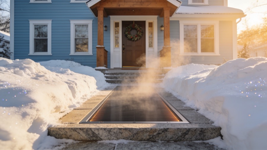 Heated front walkway and granite steps clear of snow