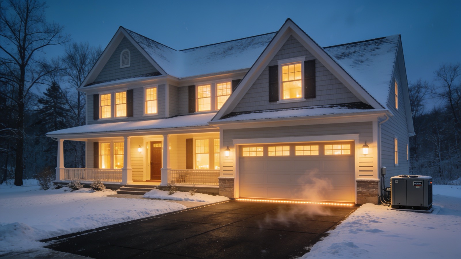 South Shore home in winter with warm lit windows, a snow-free heated driveway, and a standby generator
